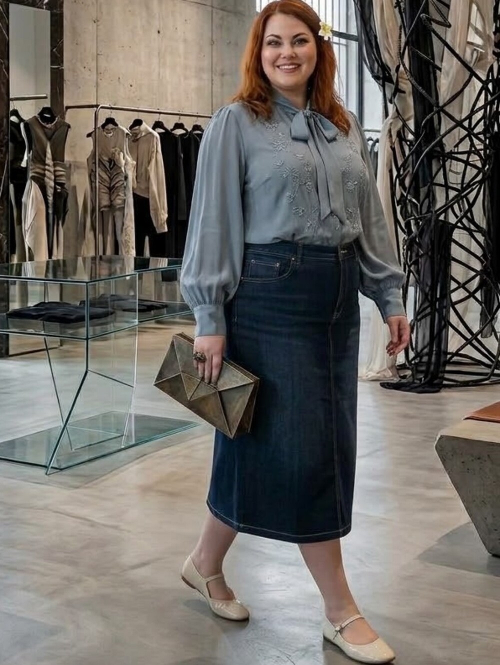 CJ Banks💋Dark Blue Denim Midi Skirt Front&Back Pockets Button Detail Sz 24W
